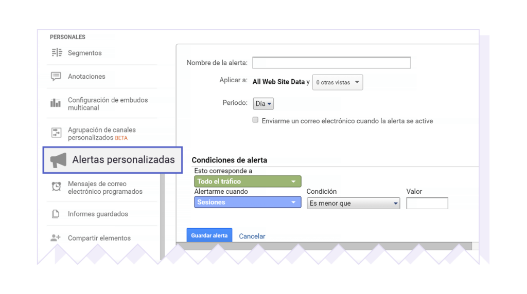 pantallazo alertas personalizadas en google analytics